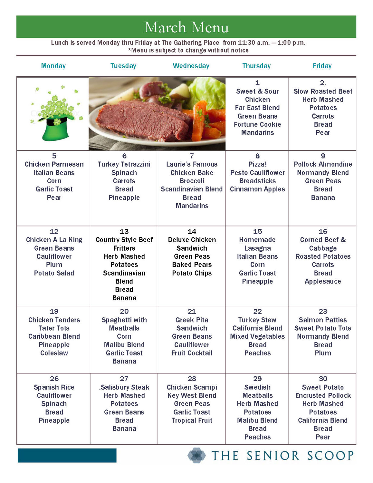 Monthly Meals Menu Benzie Senior Resources