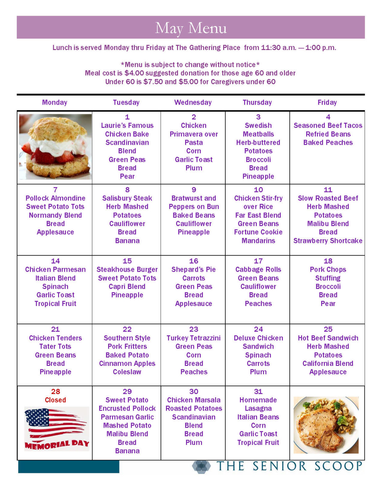 Monthly Meals Menu Benzie Senior Resources
