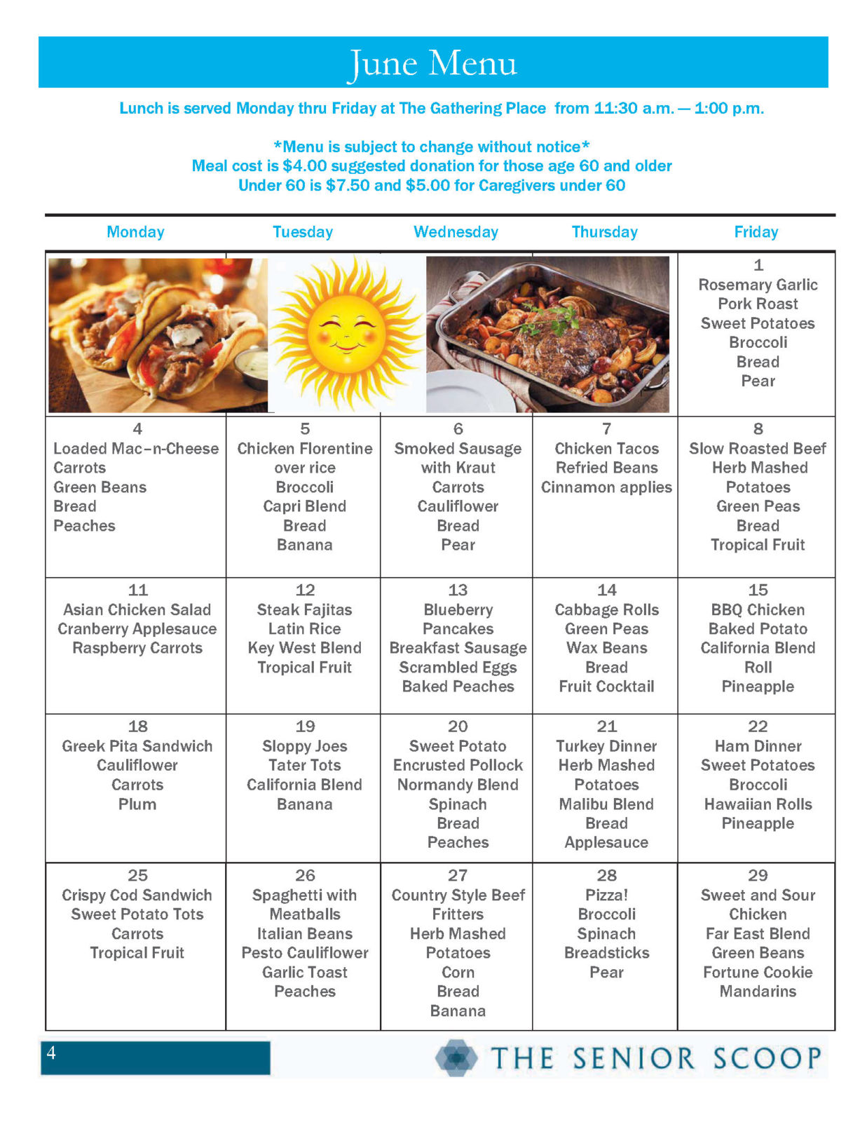 Monthly Meals Menu Benzie Senior Resources