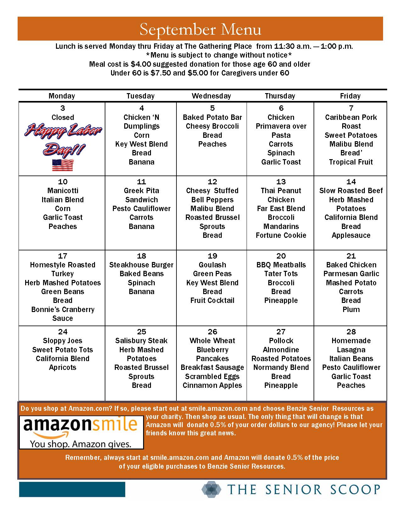 Monthly Meals Menu Benzie Senior Resources