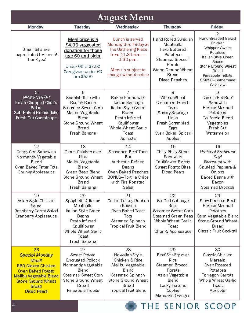 Monthly Meals Menu – Benzie Senior Resources