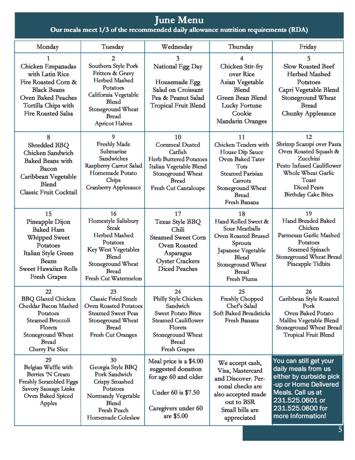 Monthly Meals Menu – Benzie Senior Resources