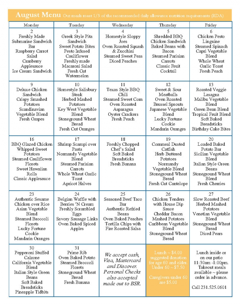 Monthly Meals Menu – Benzie Senior Resources