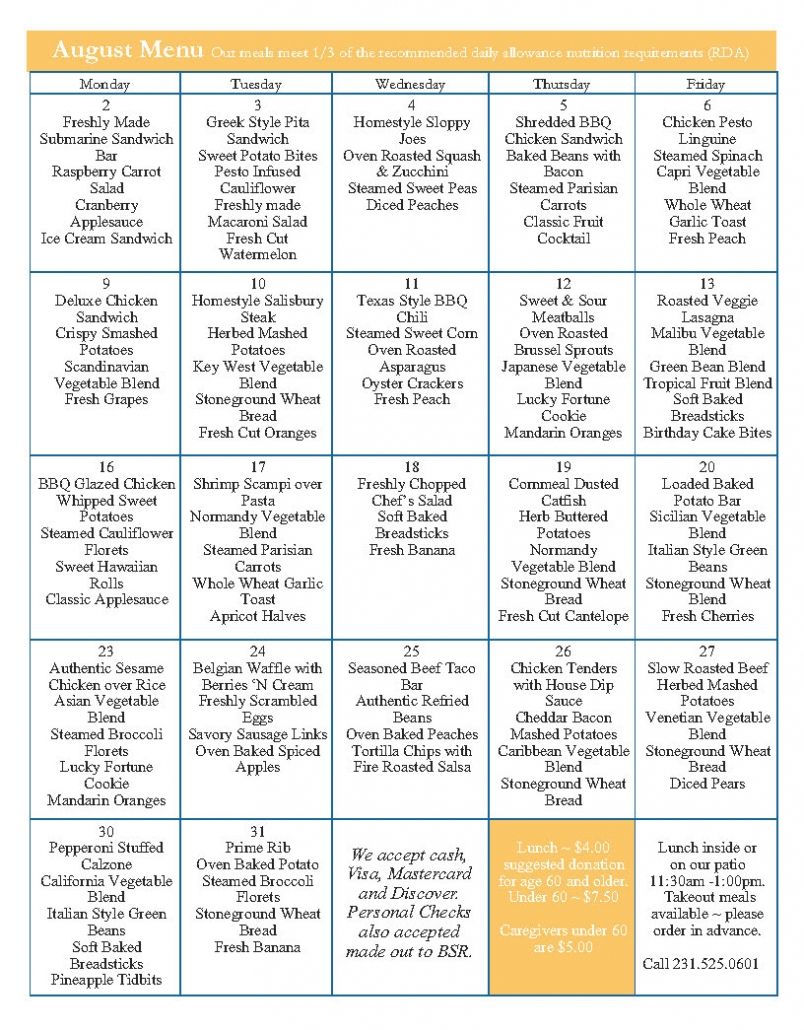 Monthly Meals Menu – Benzie Senior Resources