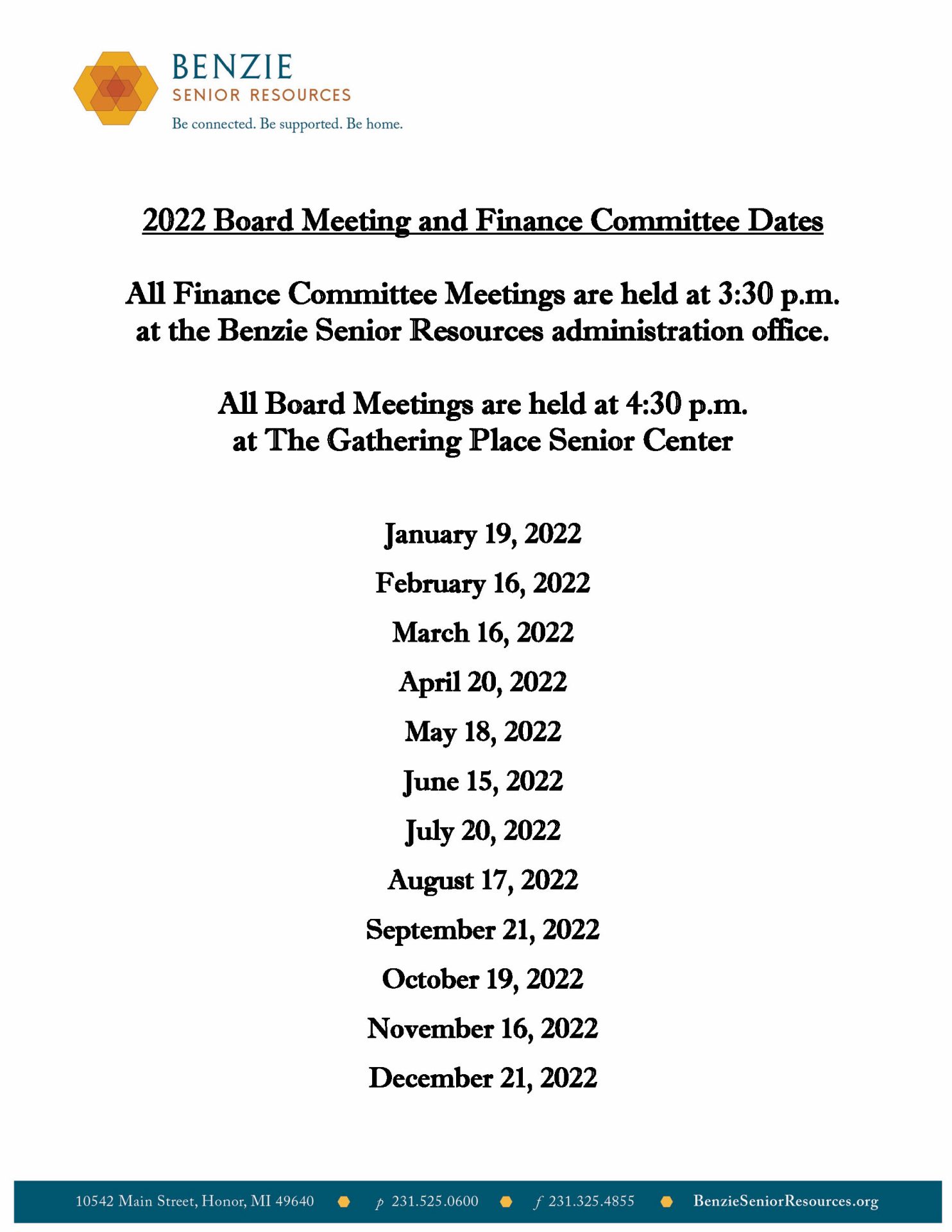 Board Meeting Dates Benzie Senior Resources